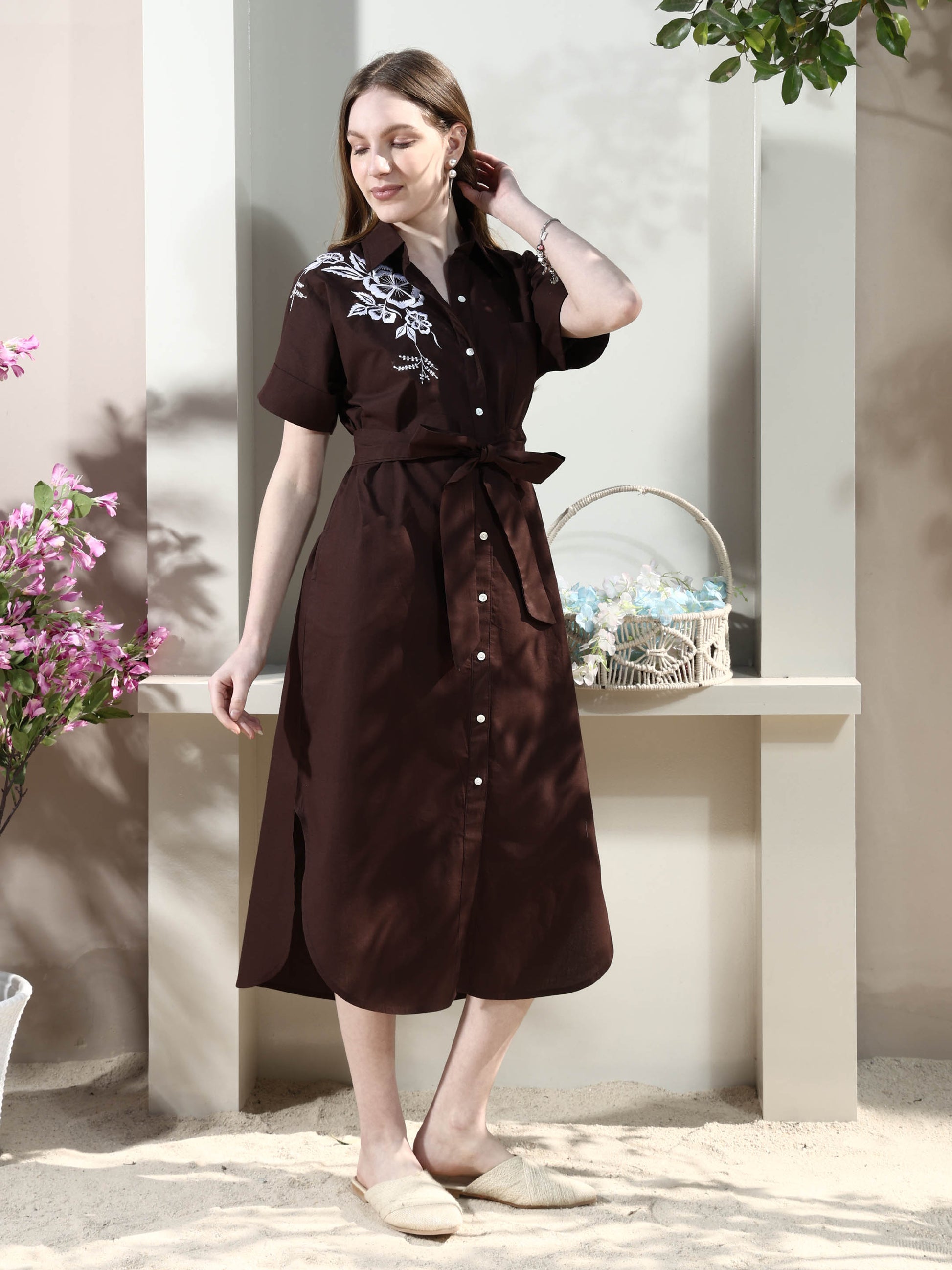 Floral Embroidered Shirt Midi Dress