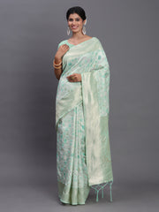 Sky Blue Linen Cotton Saree with Silver Zari Weave & Tassels – Festive & Elegant Office Wear