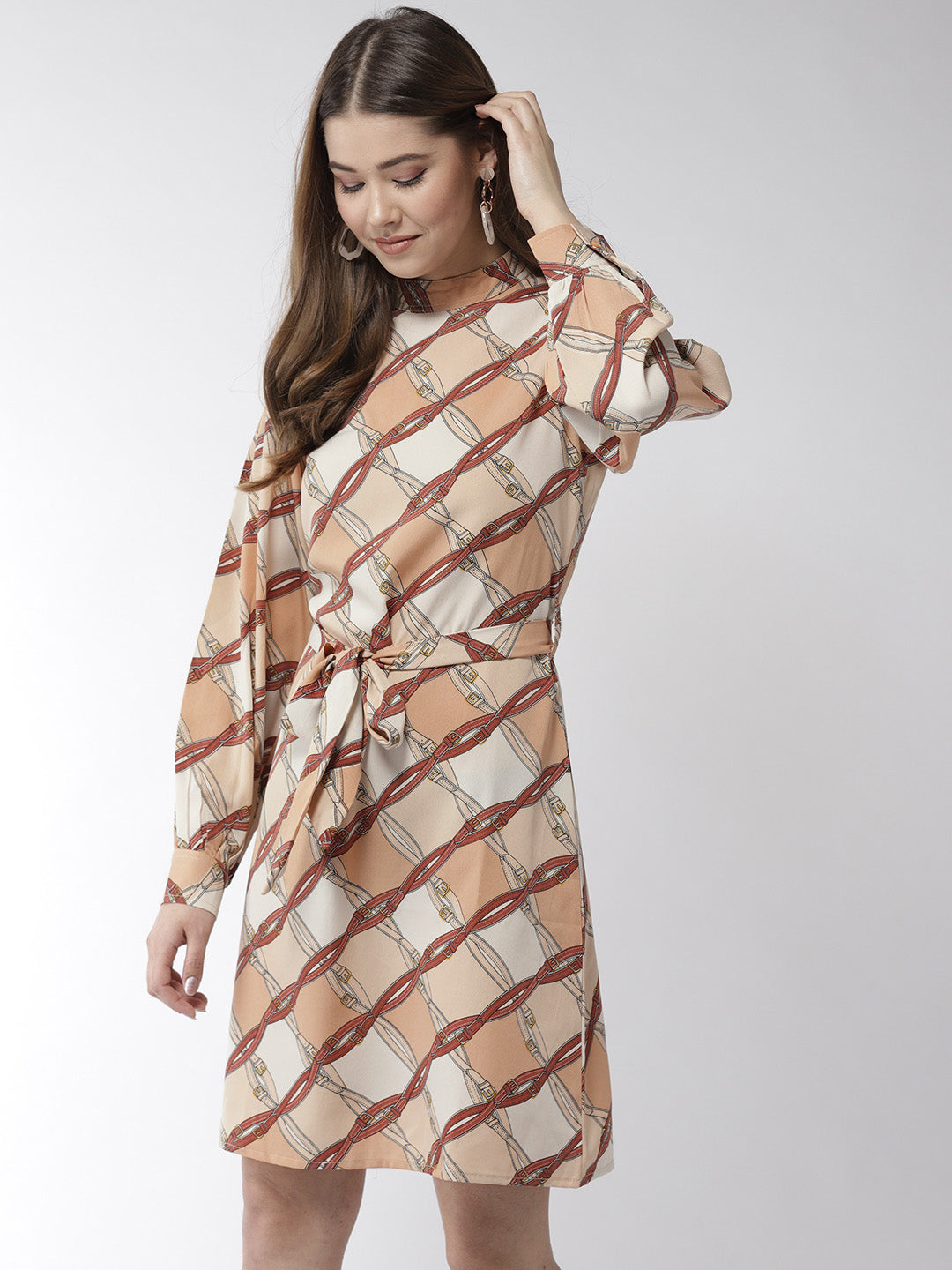 StyleStone Women's Brown Polyester Belt Print Manderin Collar Dress with belt