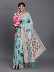 Elegant Linen Cotton Saree with Woven Pallu, Big Butta Work & Tassels - Office & Festive Wear