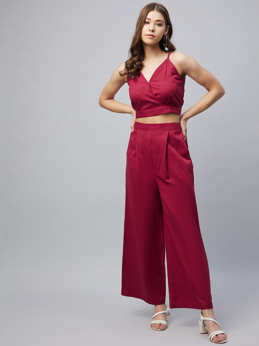 Women's Cotton Linen Maroon Crop Top and Pallazo set