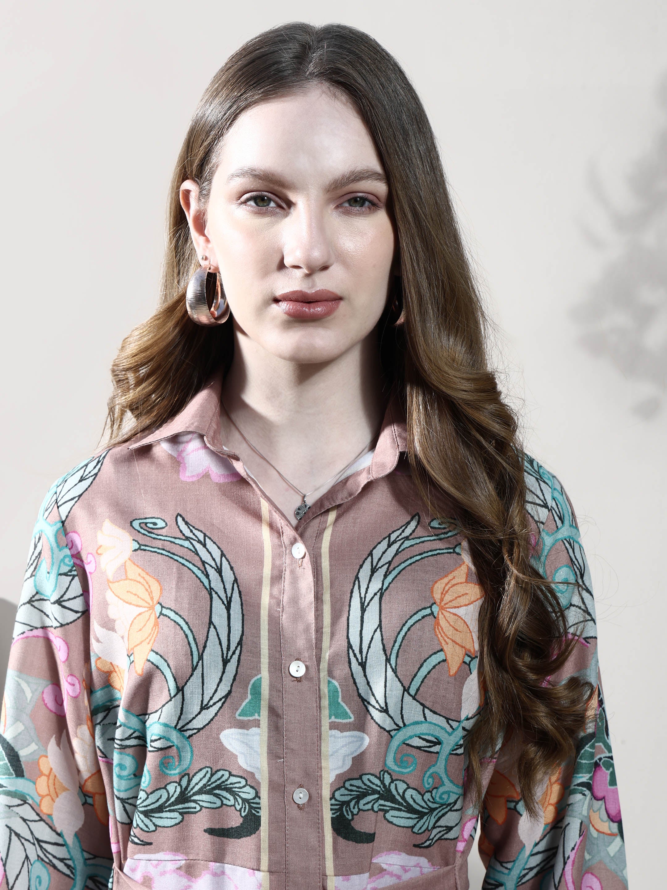 Floral Print Linen Shirt Midi Dress