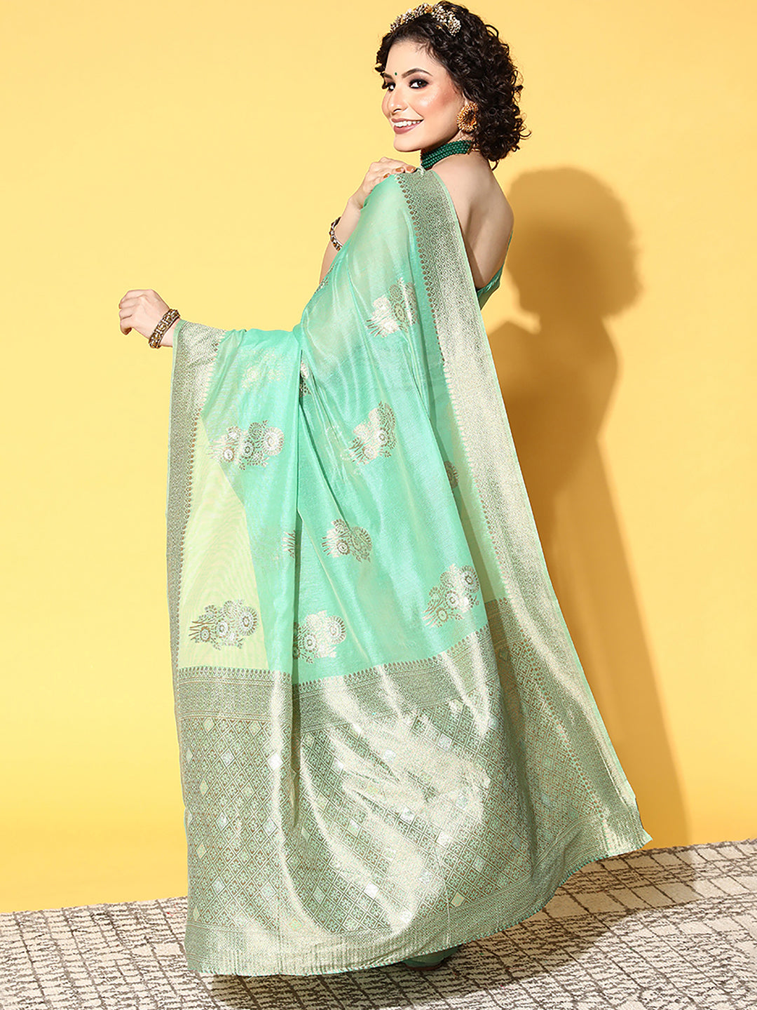 Women's Cotton Blend Turquoise WovenDesign CelebritySaree With Blouse Piece