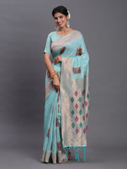 Elegant Linen Cotton Saree with Woven Pallu, Big Butta Work & Tassels - Office & Festive Wear
