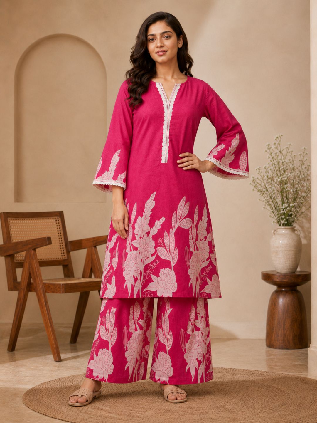 Pink Printed Cotton Straight Kurta Set