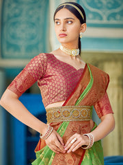 Yellow Red Linen Cotton Saree with Rich Zari Border Festive Wear Saree for Wedding and Party