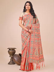Elegant Pink Jacquard Linen Cotton Saree with Traditional Multicolor Weave & Tassel Pallu – Festive & Casual Wear for Women