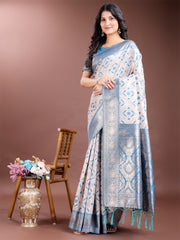 Graceful Cream & Pink Linen Cotton Saree with Rich Zari Pallu – A Touch of Royal Comfort