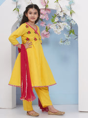 Girls Yellow Embroidered Angrakha Kurta with Trousers with dupatta