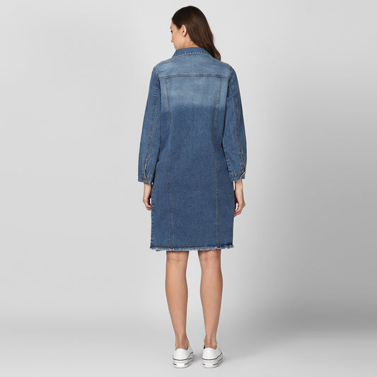 Women's Long Overcoat Style Denim Jacket with Washed effect