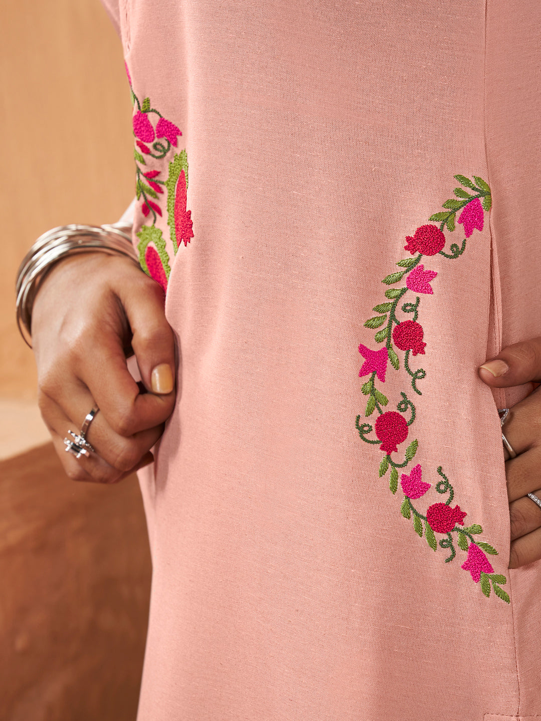 Peach Floral Embroidery Straight Kurta Set