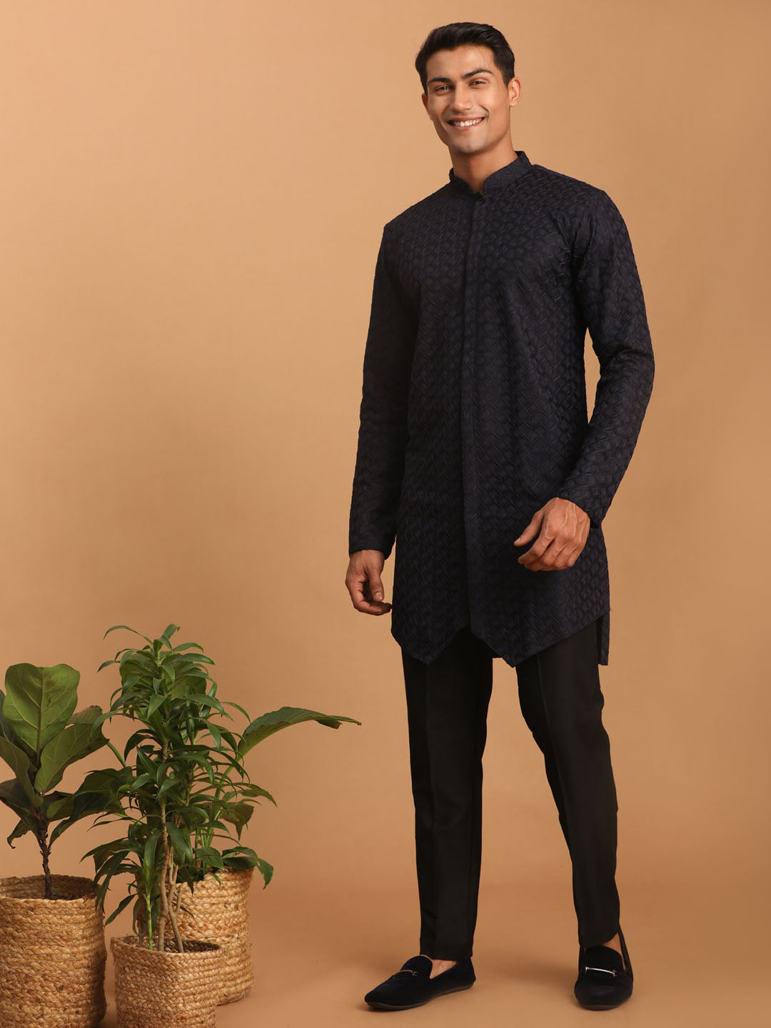 Men’s Navy Blue and Black Silk Blend Kurta Pajama Set