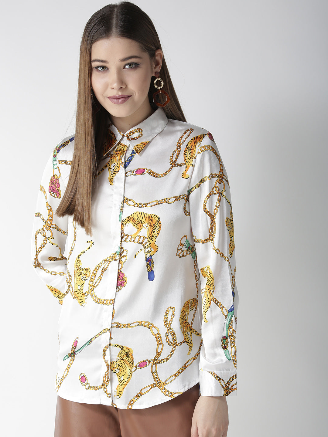 Women's White and Golden Animal Chain Print Shirt