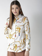 Women's White and Golden Animal Chain Print Shirt