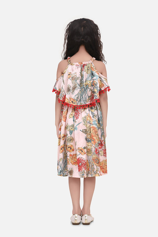 Light Pink Floral Printed Satin Dress with Pom Pom Lace