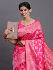 Pink Banarasi Silk Saree with Floral Zari Weaving – Festive Traditional Elegance for Weddings & Celebrations