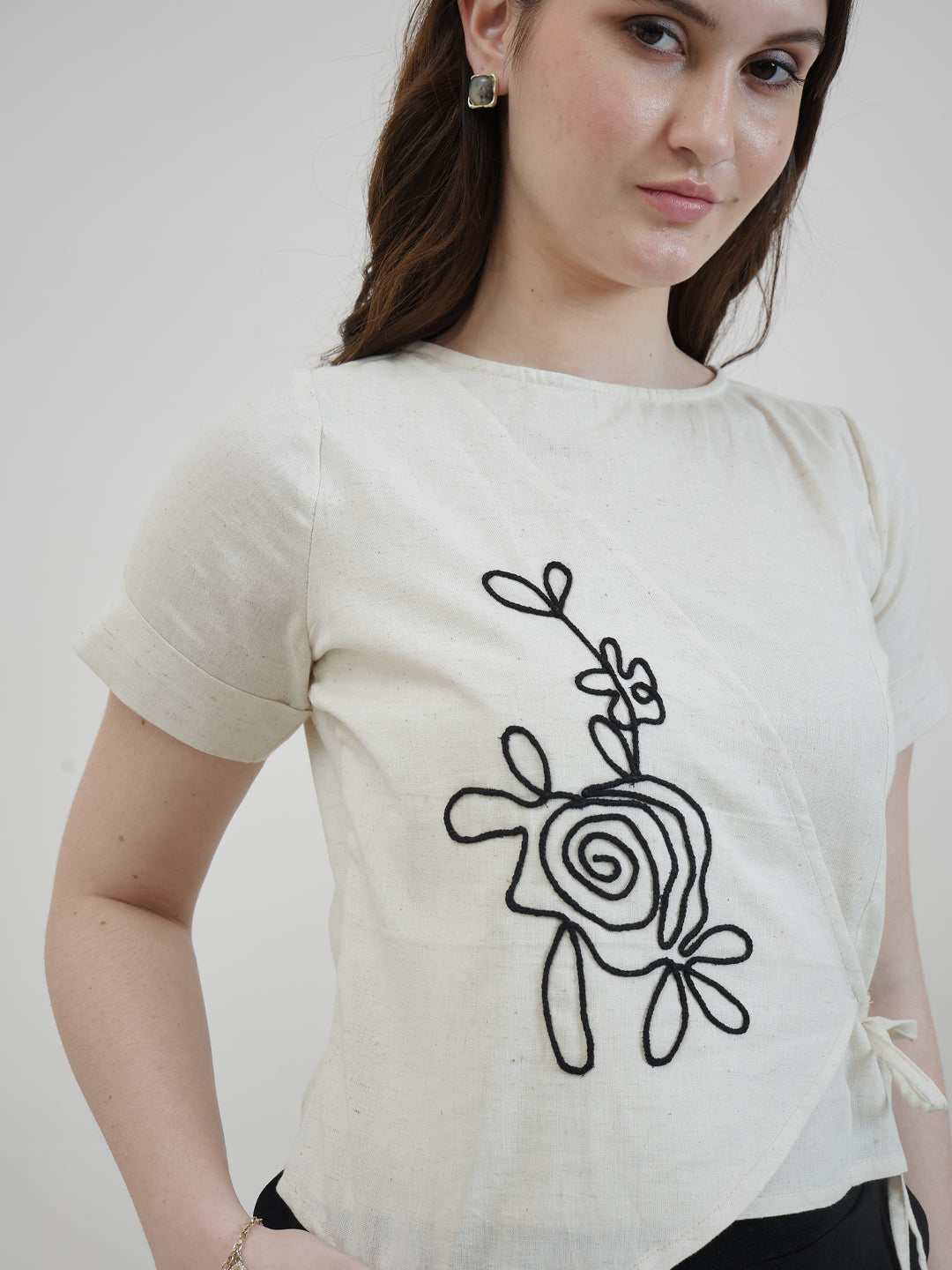 Women Round Neck Floral Embroidered Tie-Ups Detail Cotton Crop Top
