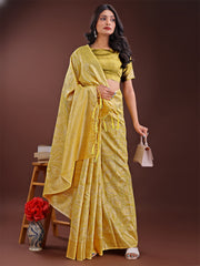 Peach Pink Linen Cotton Saree with Golden Zari Leaf Design & Elegant Pallu – Festive | Office | Daily Wear