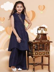 Solid Sleeveless Above Knee Length Cotton Kurta With Palazzo - Navy Blue