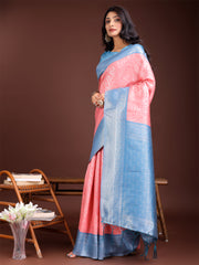 Graceful Orange & Maroon Banarasi Silk Saree with Rich Zari Woven Border – Traditional Elegance for Celebrations