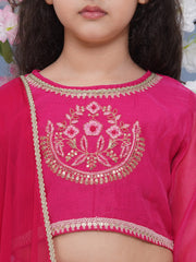 Girls Fuchsia Pink Flower Printed with Embroidered Choli, Lehenga with Dupatta