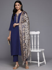 Women Navy Blue Round Neck Gotta Embellished Straight Kurta Paired With Printed Dupatta  And Tonal  Bottom