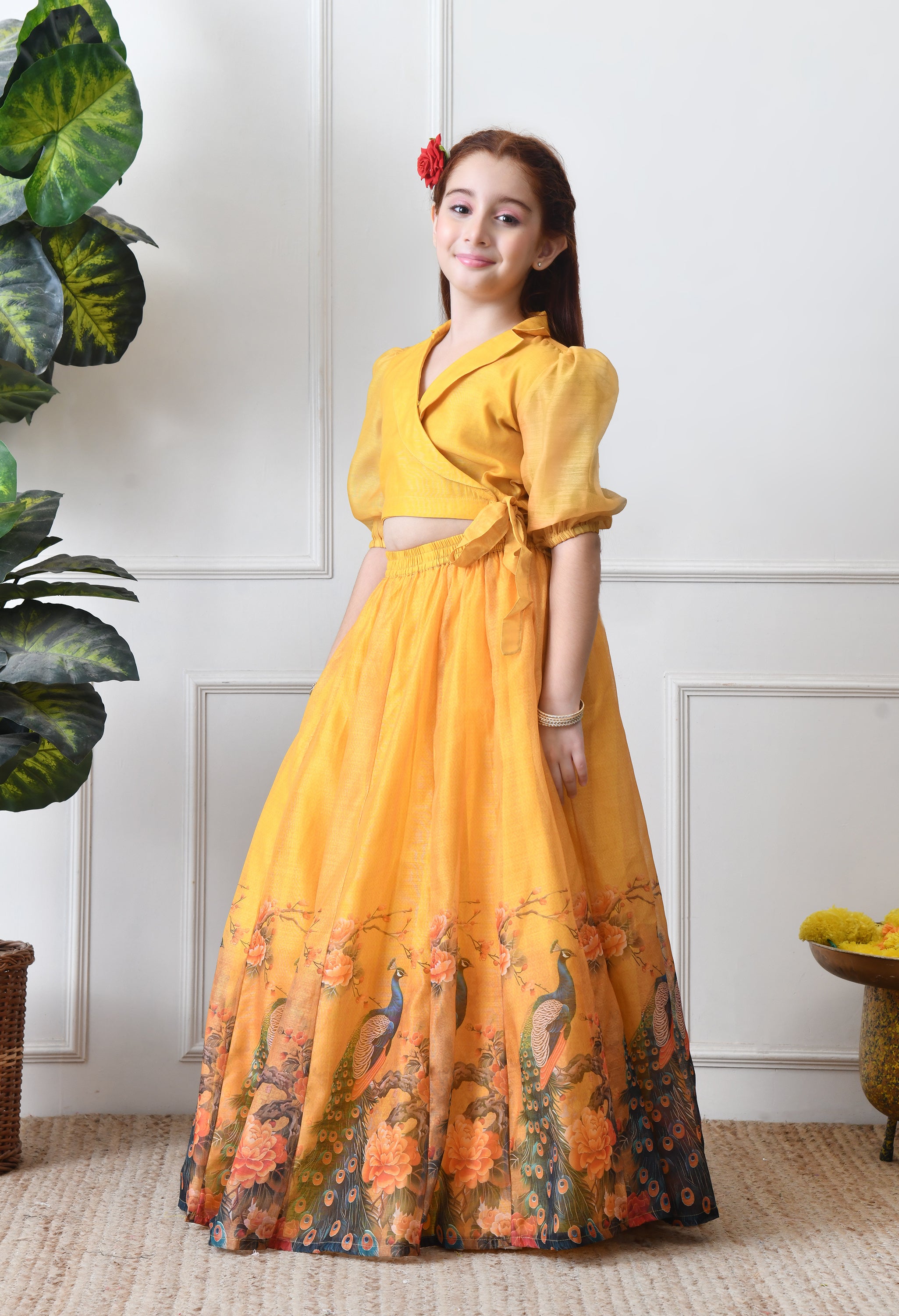 Girls Yellow Peacock Print Lehenga Set with Puff Sleeve Blouse