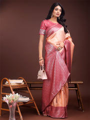 Graceful Orange & Maroon Banarasi Silk Saree with Rich Zari Woven Border – Traditional Elegance for Celebrations
