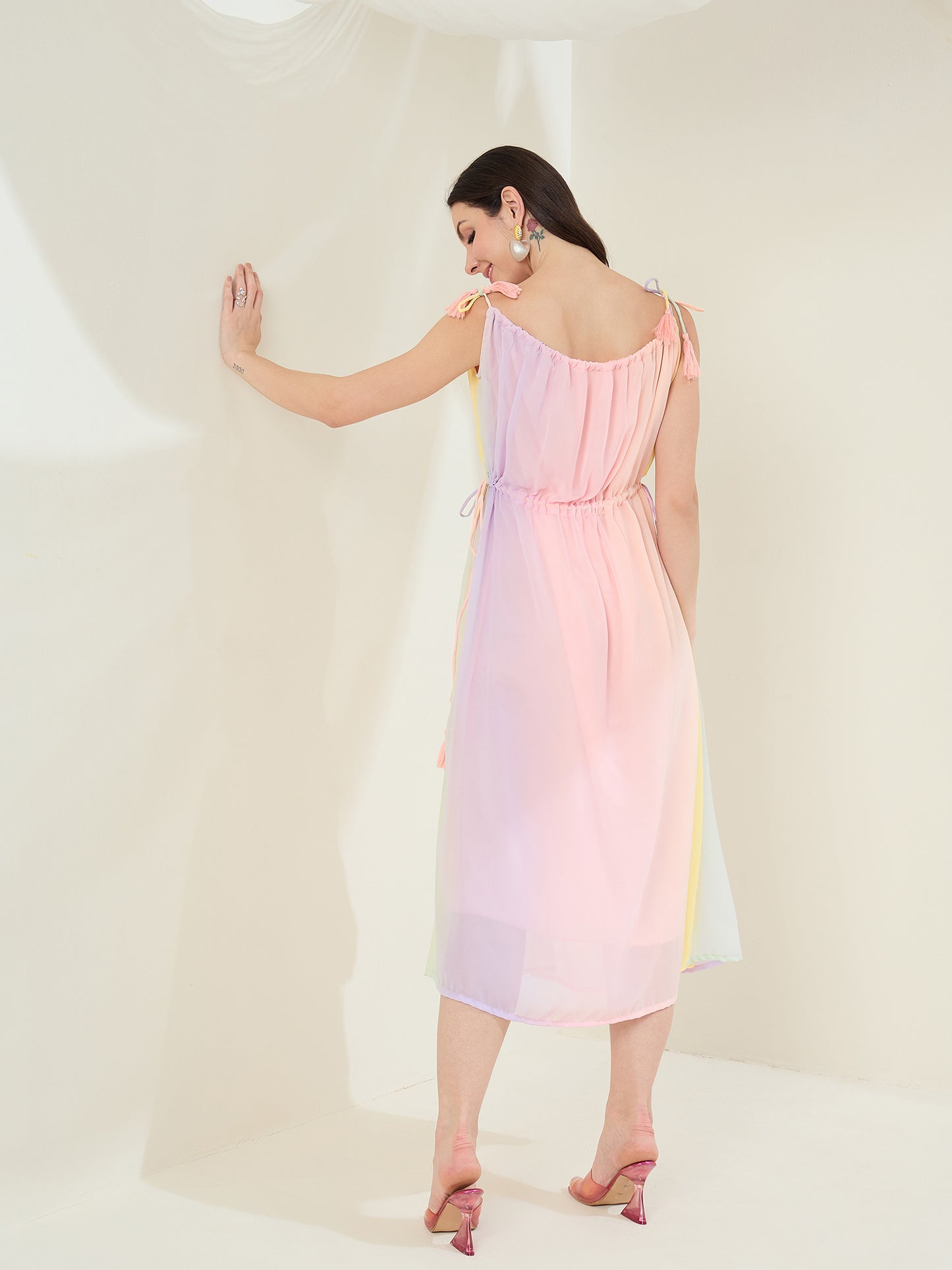 StyleStone Women's Peach Georgette Printed Dress with Drawstrings
