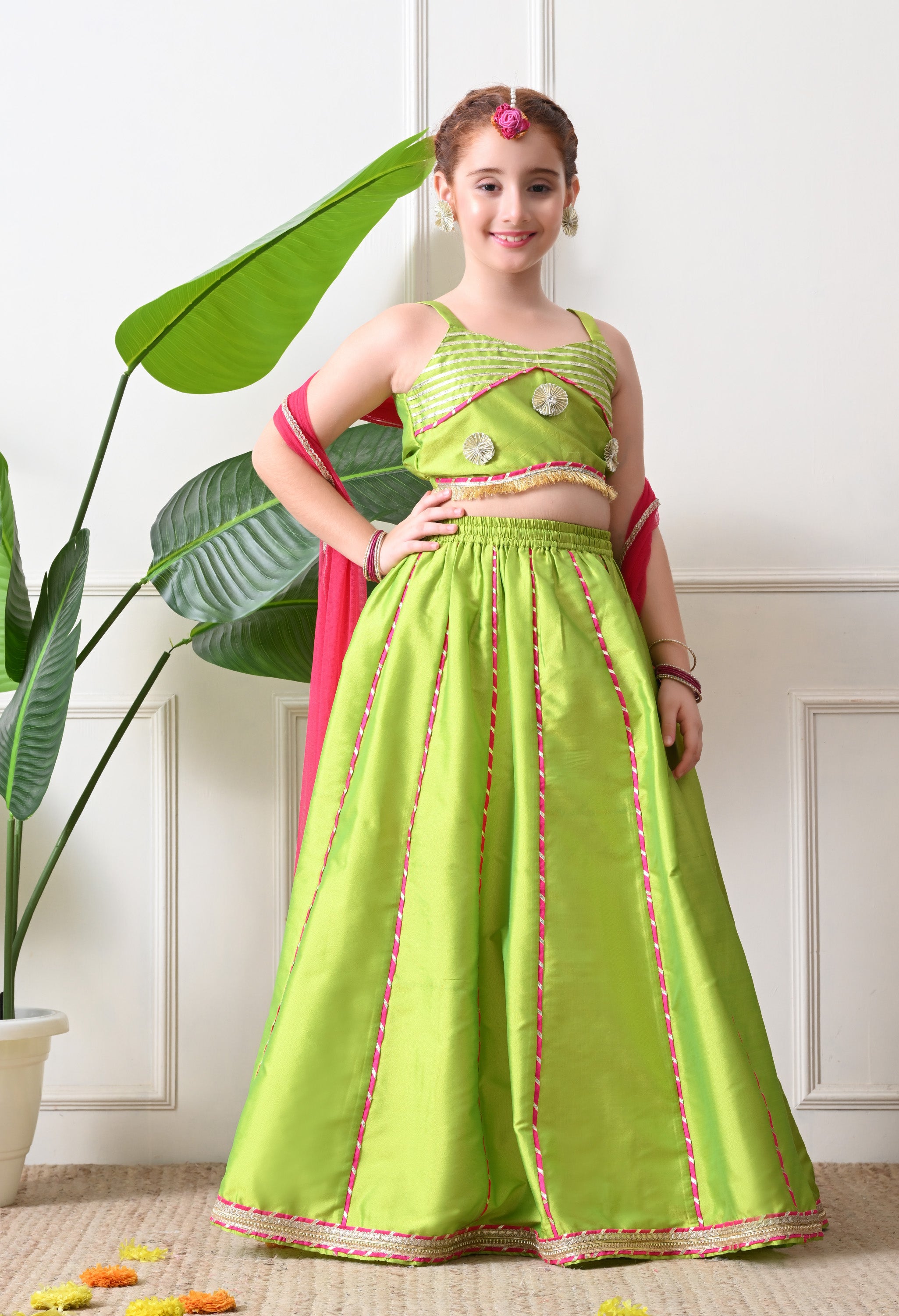 Girls Green Mirror Work Lehenga Choli Set with Dupatta Festive Ethnic Wear