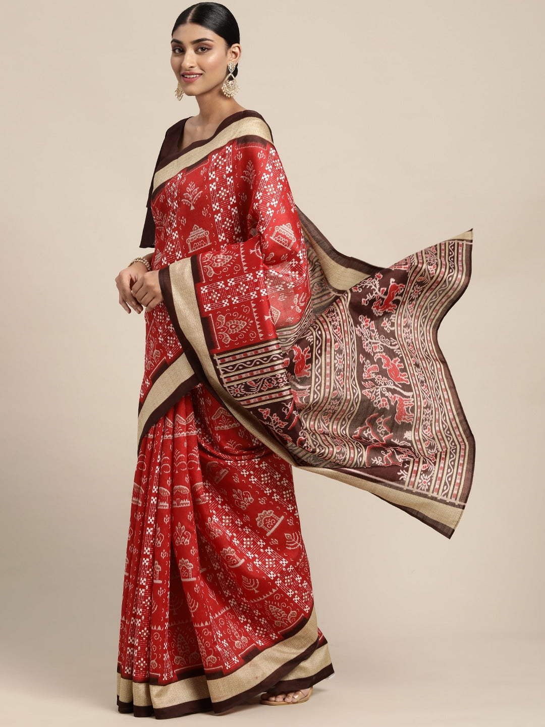 Women's Bhagalpuri Silk Red Printed DesignerSaree With Blouse Piece