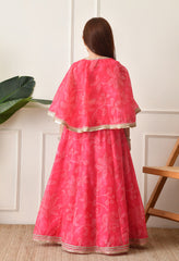 Girls’ Pink Printed Lehenga with Matching Cape and Crop Top Set