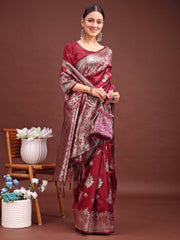 Emerald Banarasi Silk Saree with Zari Floral Work - Elegance Woven in Every Thread