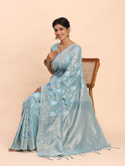 Sky Blue Linen Cotton Saree with Silver Zari Weave & Tassels – Festive & Elegant Office Wear