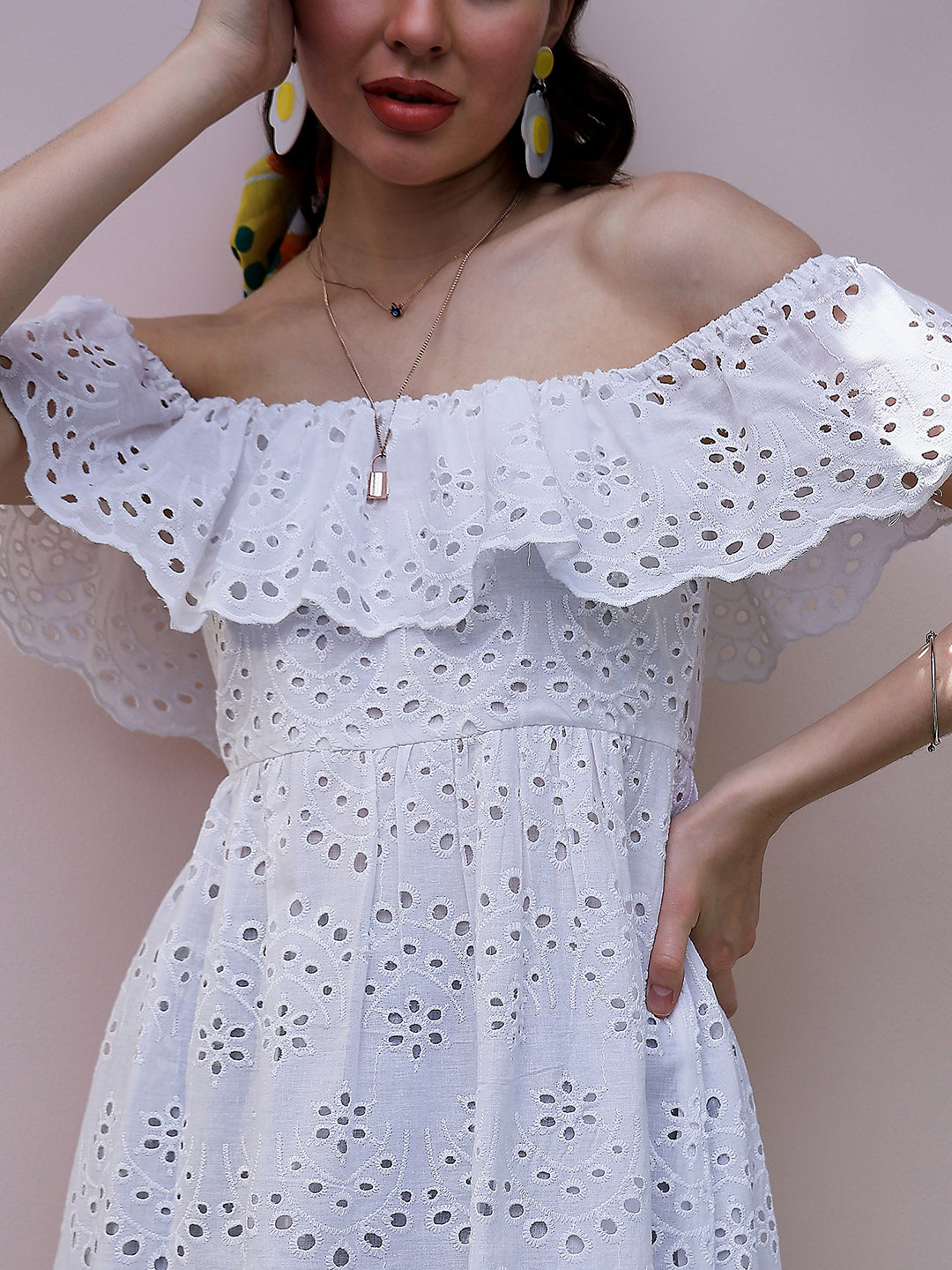 White Self Design Off-Shoulder Schiffli Flutter Sleeves Cotton Fit and Flare Dress