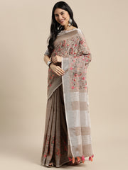 Royal Beige Linen Cotton Saree with Vibrant Floral Zari Border | Premium Festive & Party Collection