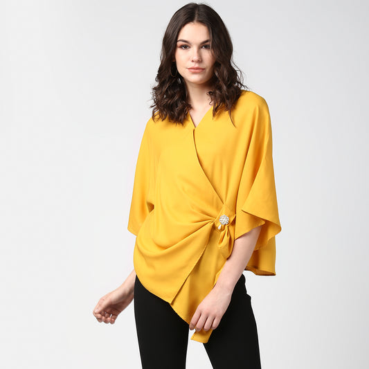 Women's Yellow Side Drape Top with Brooch