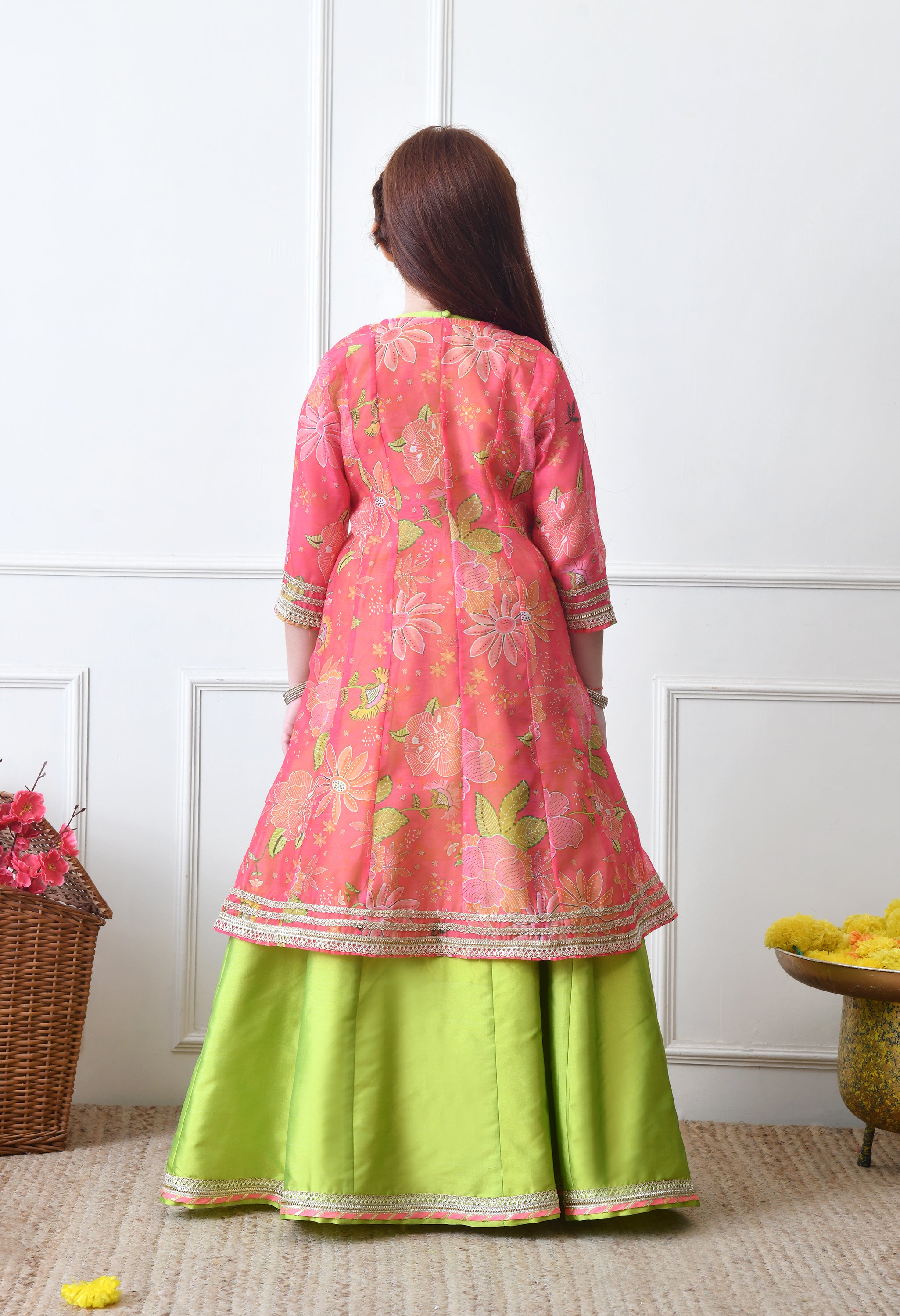 Girls’ Lime Green Lehenga with Coral Pink Floral Jacket Set