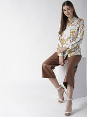 Women's White and Golden Animal Chain Print Shirt