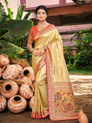 Kanjivaram Silk Saree for Women Yellow Wedding Wear with Red Blouse Rich Zari Woven Design Saree