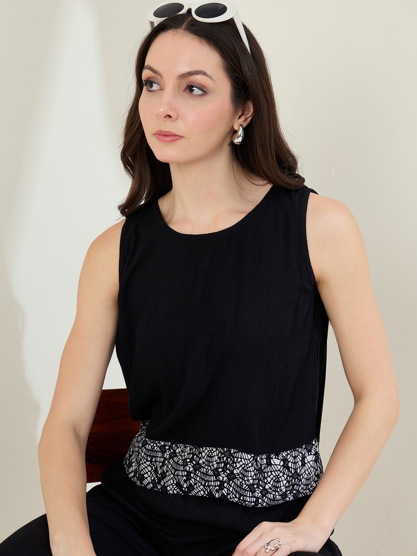 Women's Black Rayon Crepe Co-Ord Set with printed hemlines