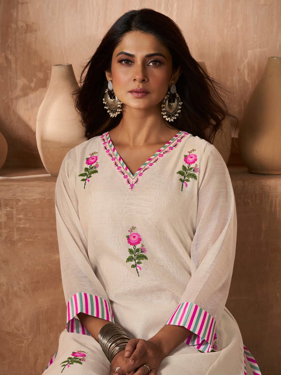 Off White Rose Embroidery Straight Kurta Set with Printed Dupatta