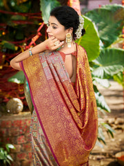 Kanjivaram Silk Saree for Women | Rich Zari Woven Pallu & Border | Traditional Bridal Saree | Perfect for Wedding & Festive Wear | Comes with Unstitched Blouse Piece