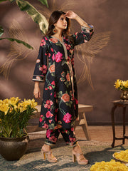 Black Floral Printed Kurta Set