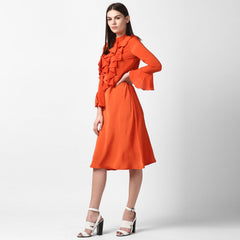 Women's Yellow Front Ruffle Bell Sleeve Dress