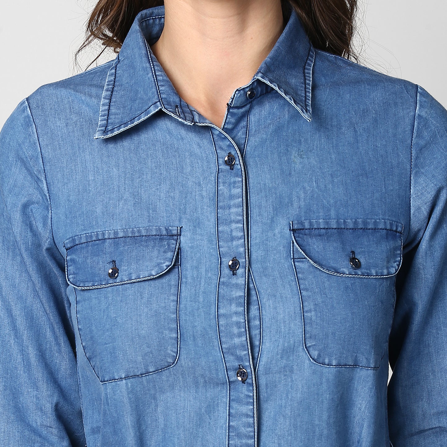 StyleStone Women's Blue Denim Double Pocket Double Flap Dress