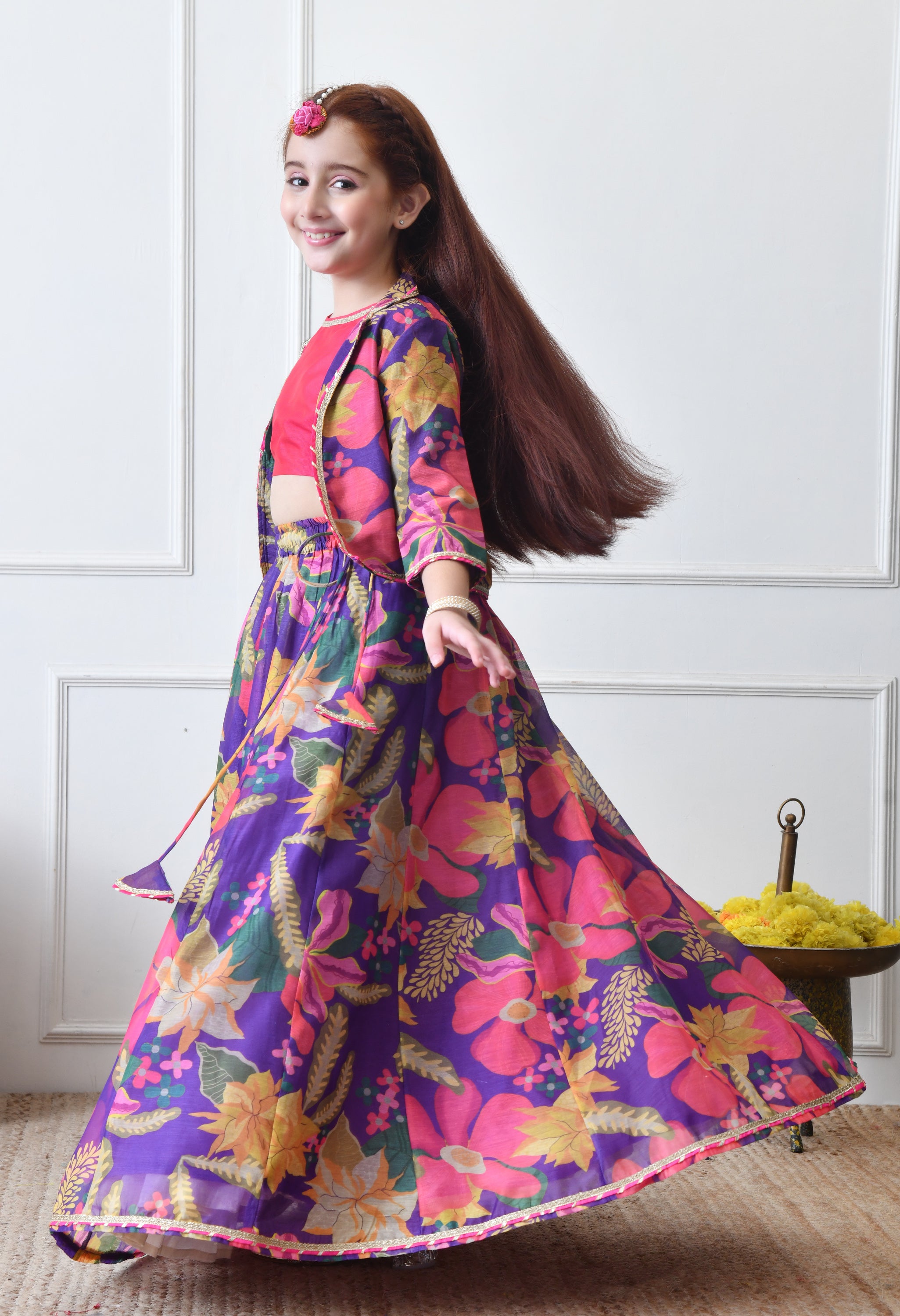 Girls Purple Floral Printed Lehenga Choli Set with Stylish Jacket