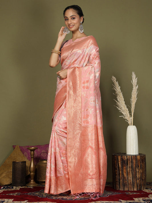 Elegant Peach Cotton Saree with Golden Zari Work – Graceful Comfort for Everyday & Festive Wear