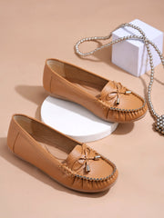 Shoetopia Stylish Bow Detailed Tan Loafers For Women & Girls