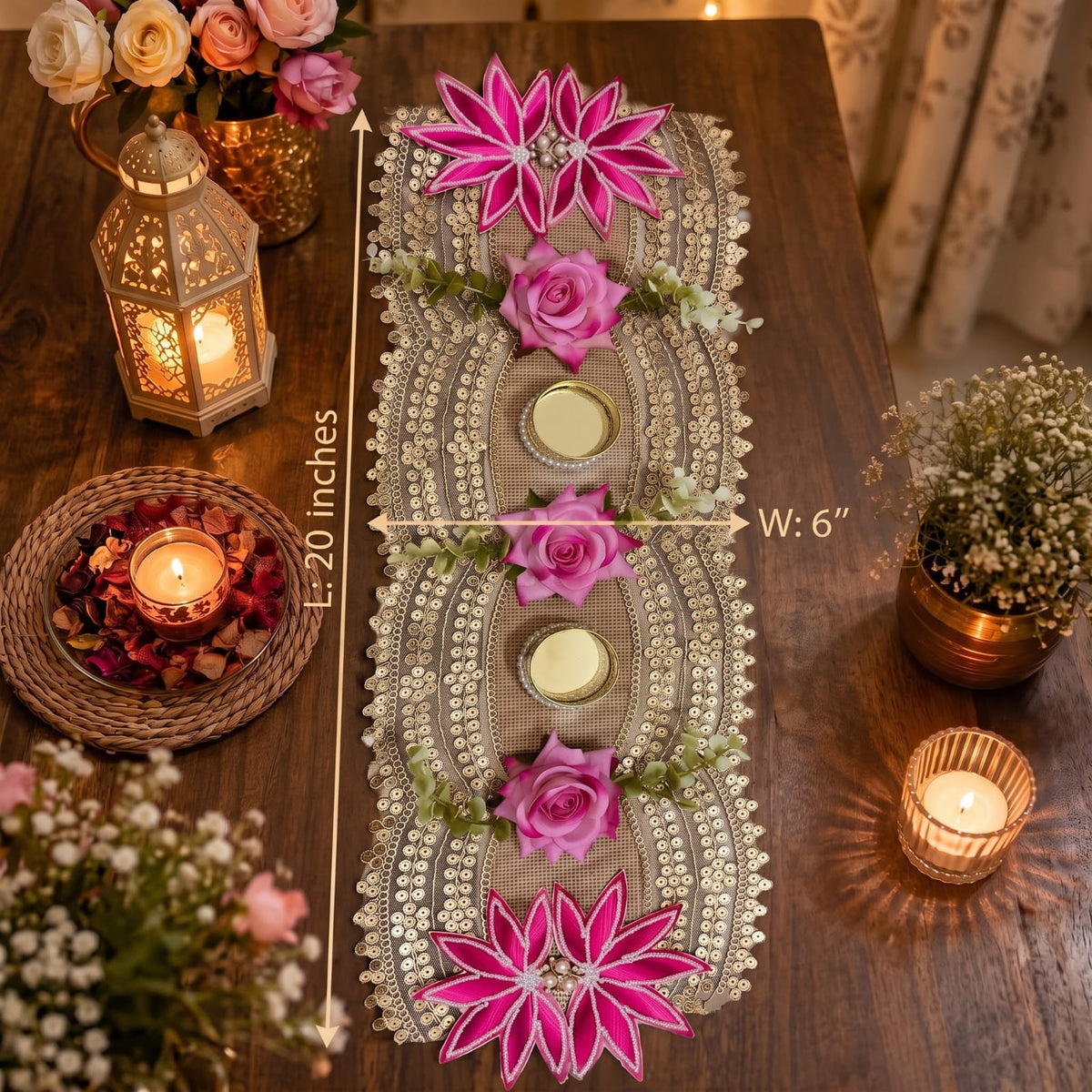 Handcrafted festive T-light/diya table runner